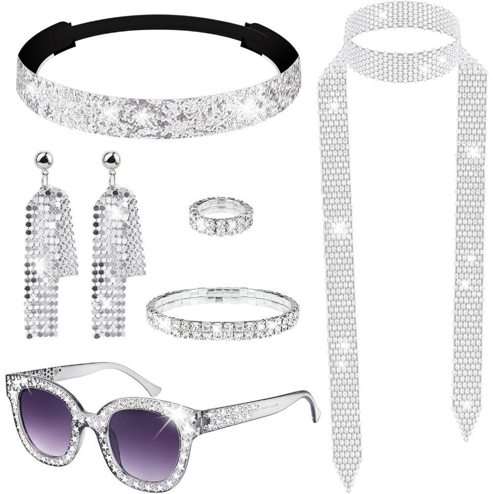6 Pcs 70s Disco Accessories Jewelry Set Earrings Ring Sunglasses Scarf Headband